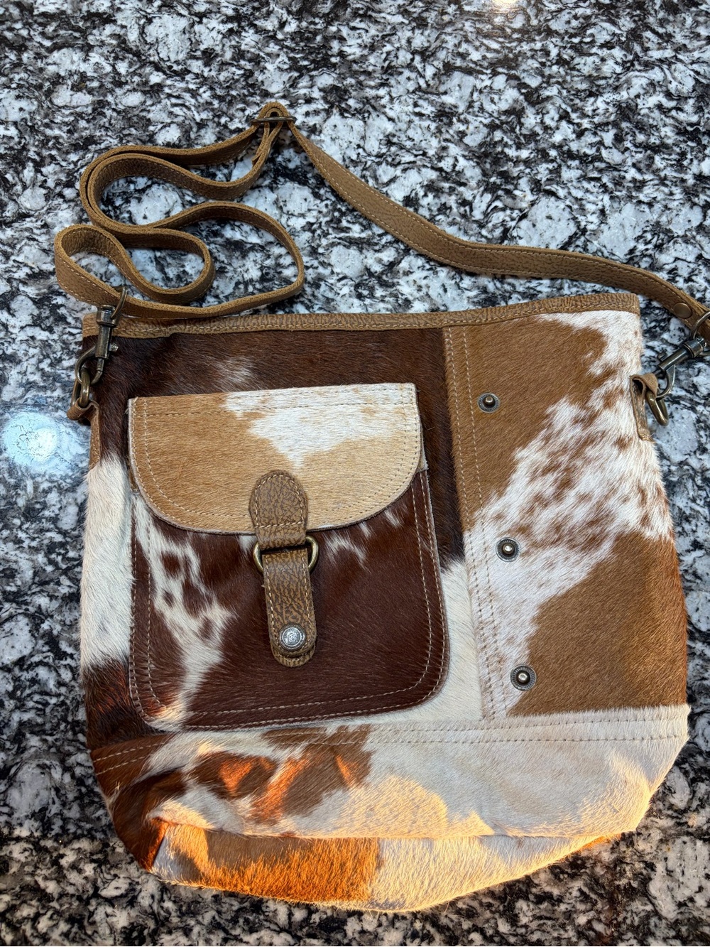 Myra Leather Patchworkeee Cowhide Crossbody Bag in Brown and White look at pics